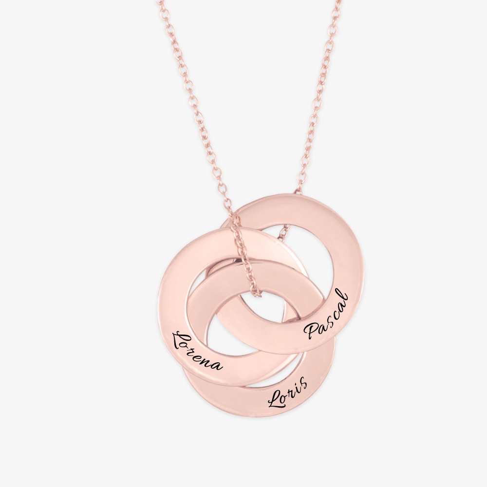 Eternal 3 Rings Necklace with Engraving in Rose Gold, featuring three interlocking rings representing past, present, and future.