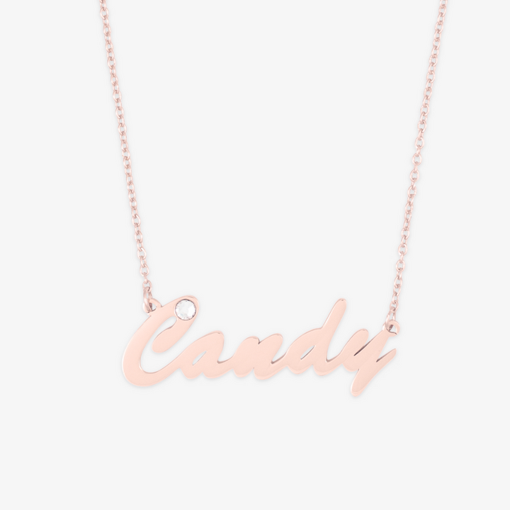 Candy style name necklace with zirconia, cursive font, sterling silver, 14k gold, 18k gold options.