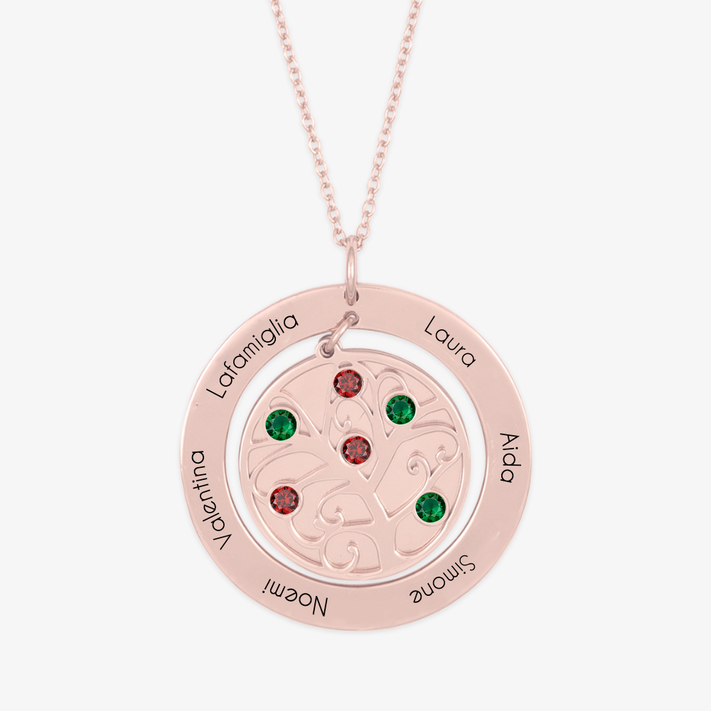 Personalized Tree of Life necklace with engravings and birthstones, featuring 925 sterling silver material and round medallion design