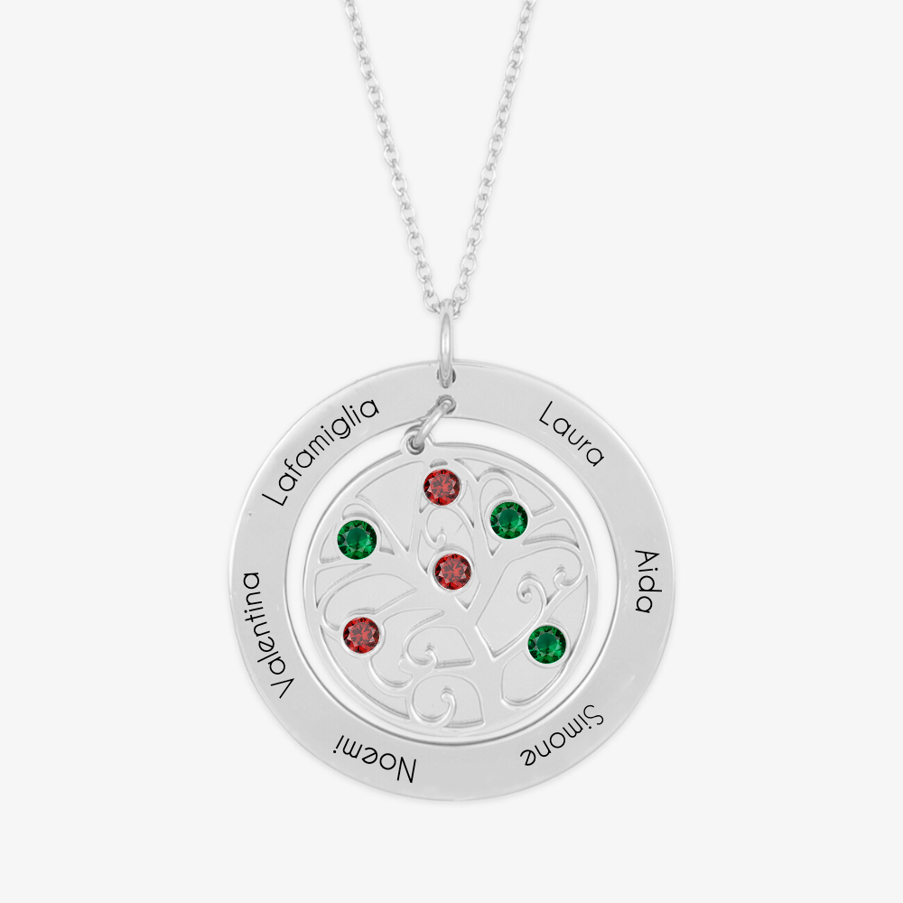 Personalized Tree of Life Necklace with engravings and birthstones on a 925 silver pendant, symbolizing growth and connection.