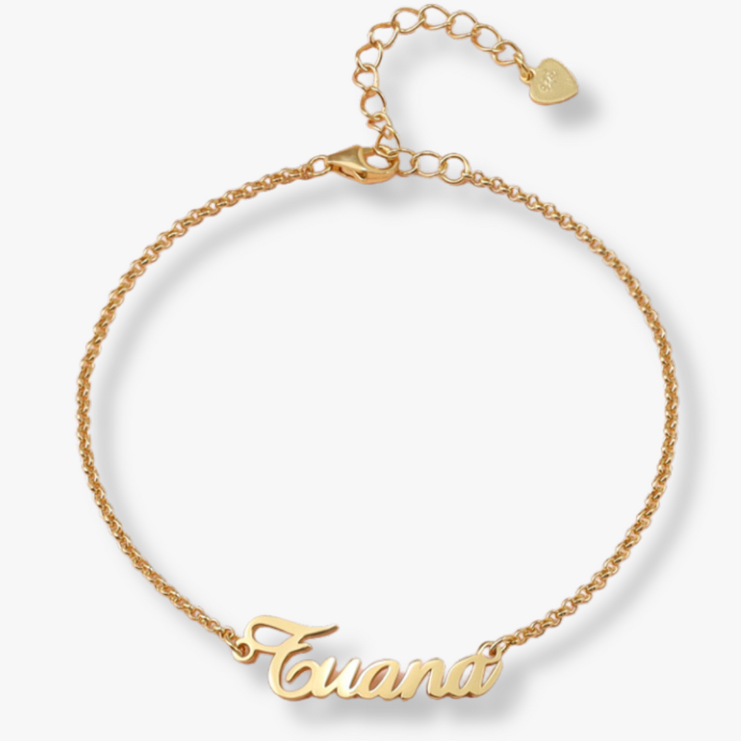 Personalized gold-plated sterling silver name bracelet with delicate chain and adjustable clasp.