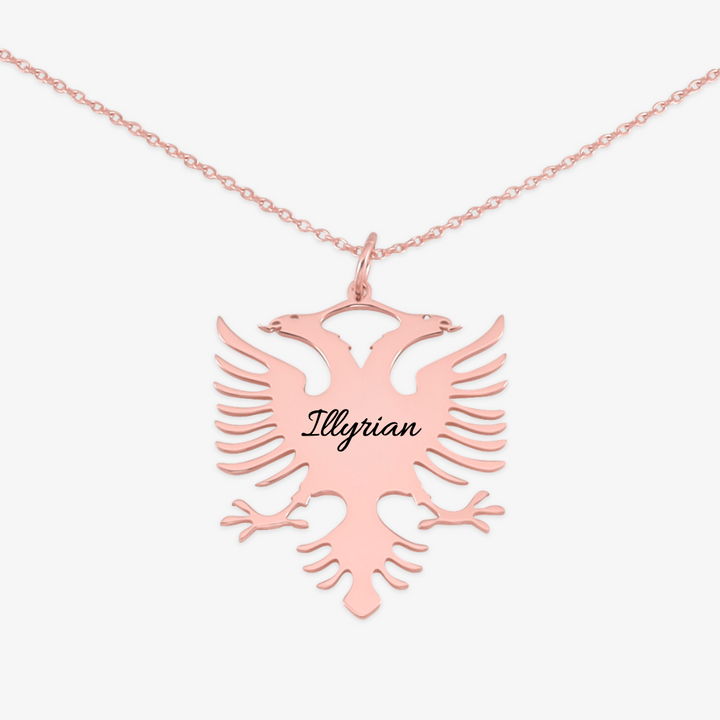 Customizable Albanian Double-Eagle Necklace in rose gold with "Illyrian" engraving