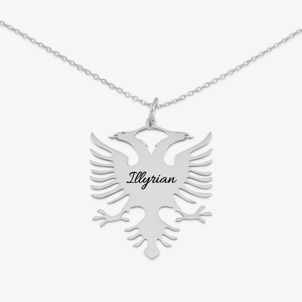 Customizable Albanian Double-Eagle necklace in silver with 'Illyrian' engraving, symbolizing Albanian heritage and pride.