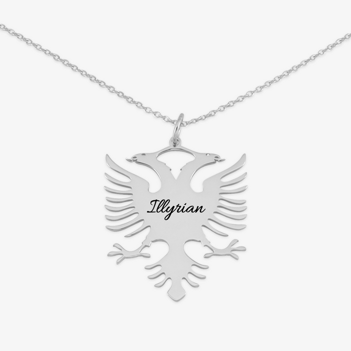 Customizable Albanian Double-Eagle necklace in silver with 'Illyrian' engraving, symbolizing Albanian heritage and pride.