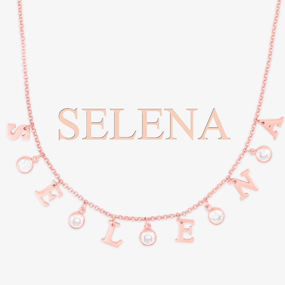 Elegant sterling silver initial necklace with "SELENA" letters and sparkling cubic zirconia stones.