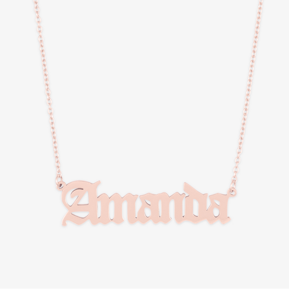 Rockstyle Gothic Name Necklace in rose gold spelling "Amanda" in a gothic-inspired font, made from 925 Sterling Silver.