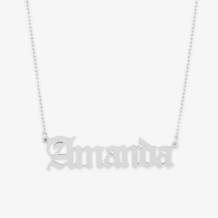 Rockstyle Gothic Name Necklace in 925 Sterling Silver with Amanda name in gothic-inspired font on white background