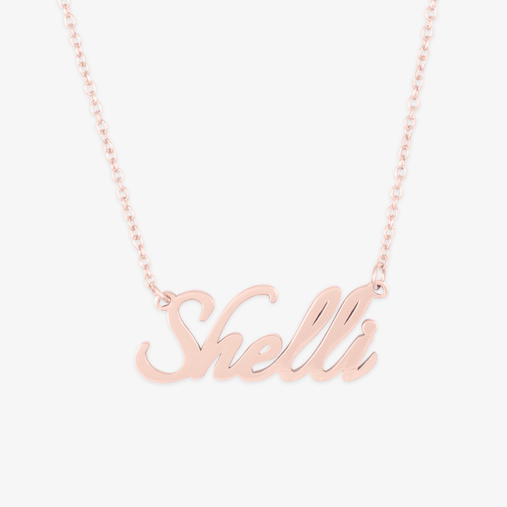 Shelli Style Name Necklace in 925 Sterling Silver with elongated italic script font, showcasing elegance and individuality