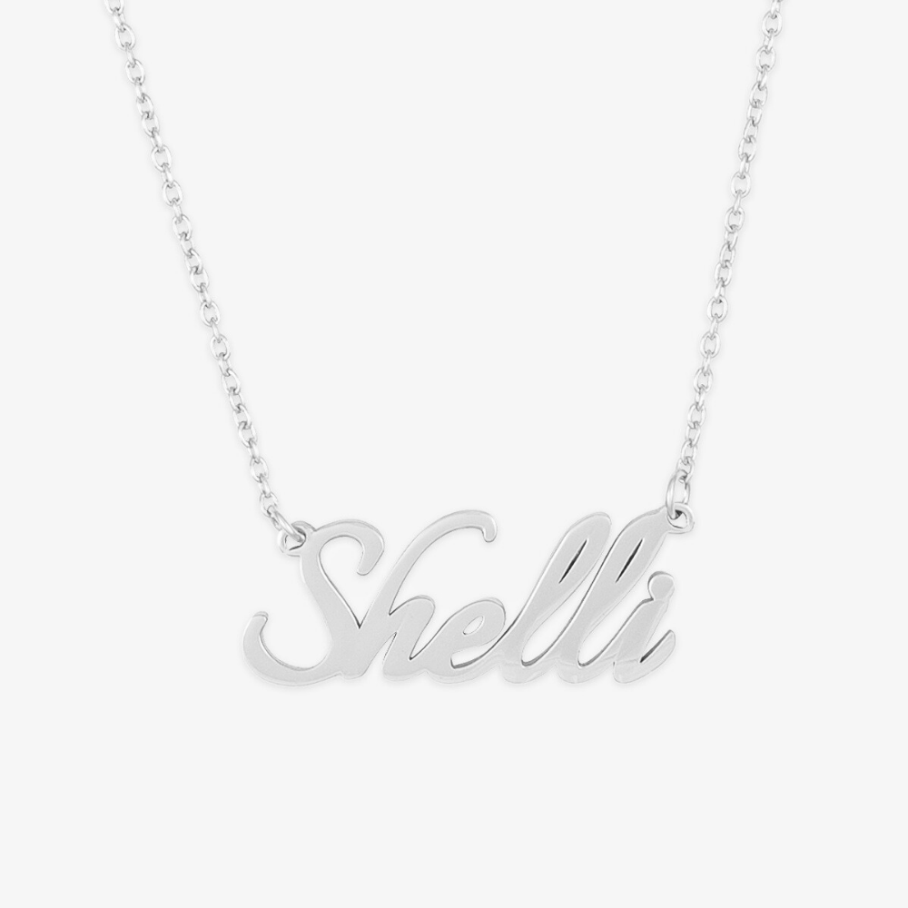 Shelli Style Name Necklace in elegant script font, made of 925 Sterling Silver, showcasing unique and stylish individualized design.