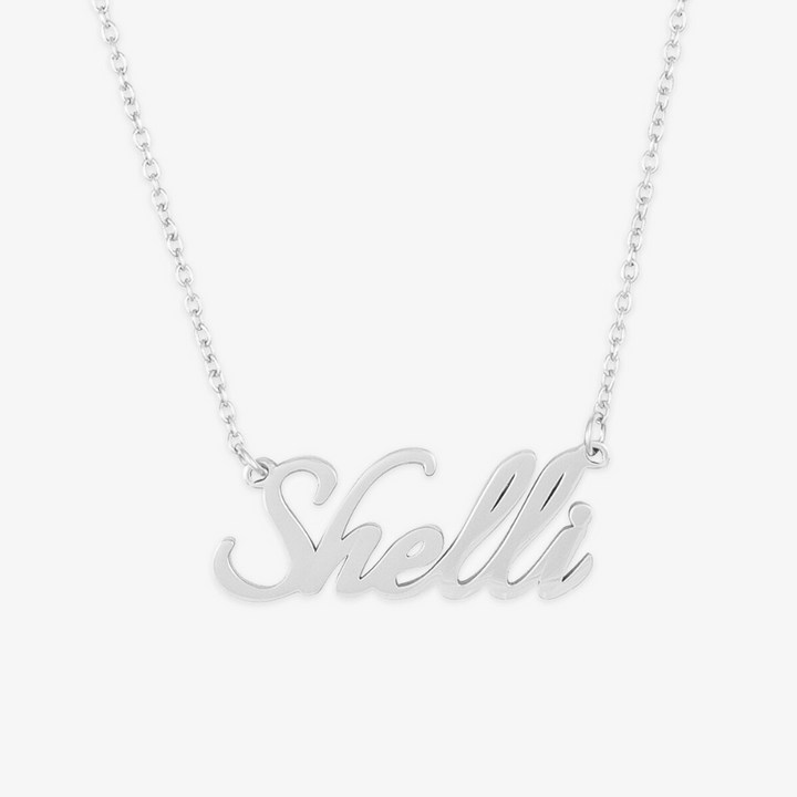 Shelli Style Name Necklace in elegant script font, made of 925 Sterling Silver, showcasing unique and stylish individualized design.