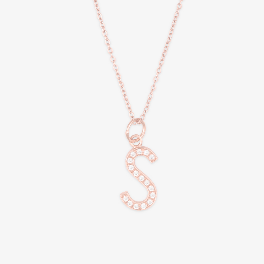 Rose Gold Zirconia Initial Necklace with Letter S Charm