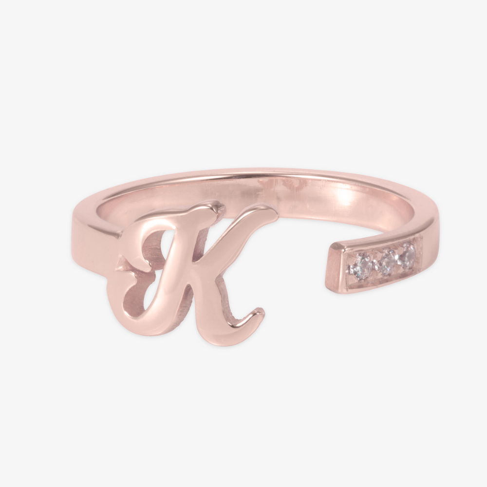 Personalized rose gold initial ring in open design with cubic zirconia accents, crafted from 925 sterling silver.