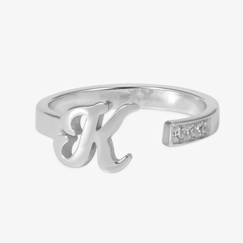 Sterling silver personalized initial open ring with a 'K' design and a touch of elegance.