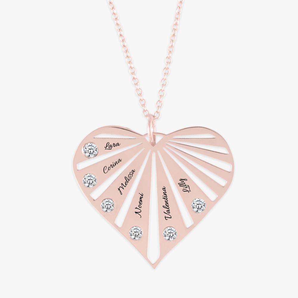 Luxe Heart Pendant Necklace with 6 Engravings and Birthstones in Rose Gold Finish