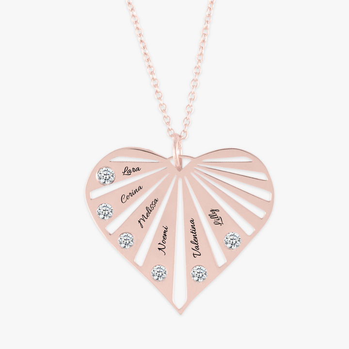 Luxe Heart Pendant Necklace with 6 Engravings and Birthstones in Rose Gold Finish