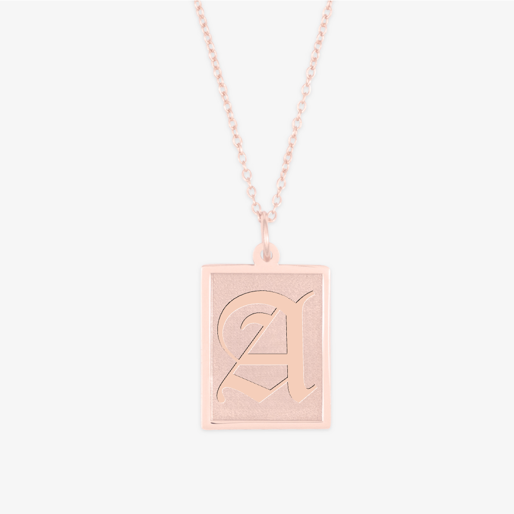 Rosegold Old English Initial Plate Necklace with 'A' on rectangular pendant for personalized classic style.