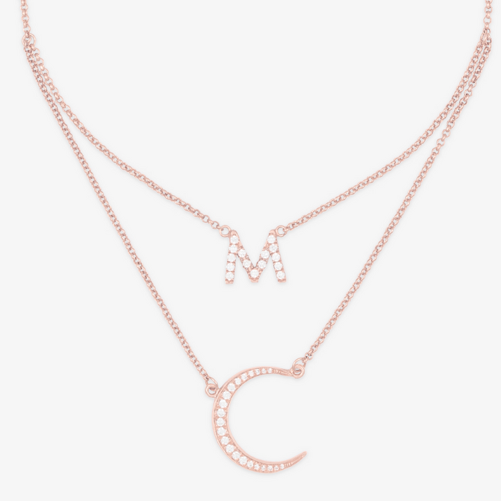 Customize Half-Moon Necklace in 925 Sterling Silver with Crescent Moon and Initial Pendant