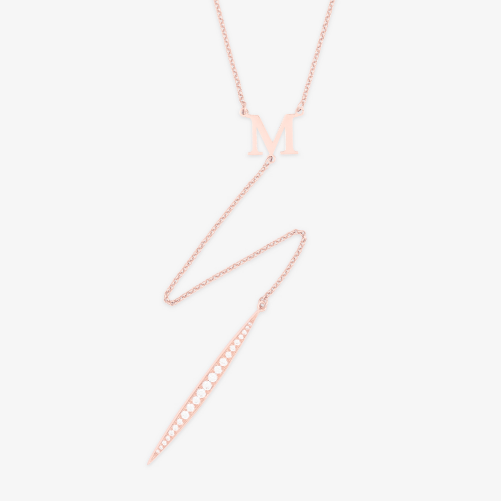 Diamantica Initial Necklace in rose gold, featuring an elegant 'M' initial and intricate design, perfect for a romantic evening or special occasion.