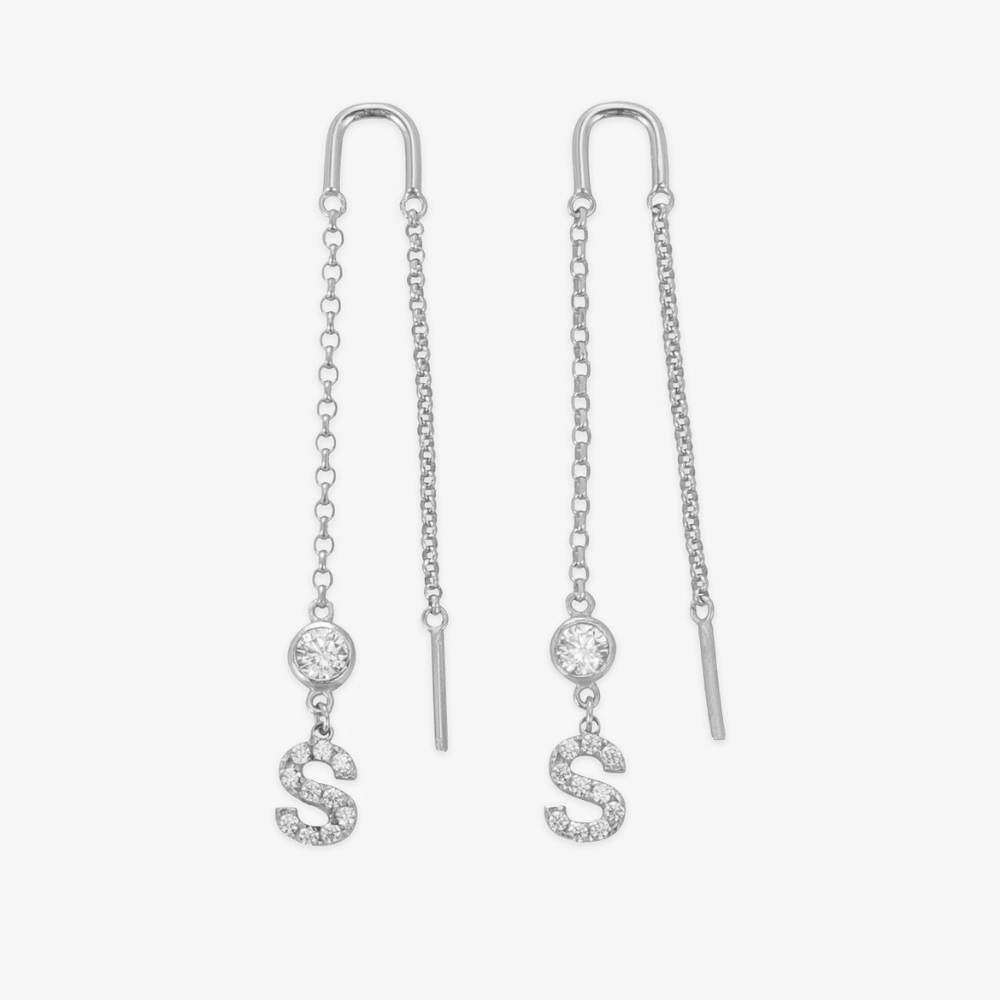 Personalized initial drop earrings in sterling silver with sparkling letter S pendants, elegant chain design, perfect for adding a touch of personalization.