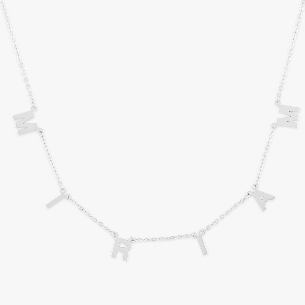 Personalized elegant block letter necklace in sterling silver spelling "MIRIAM" with adjustable chain length.