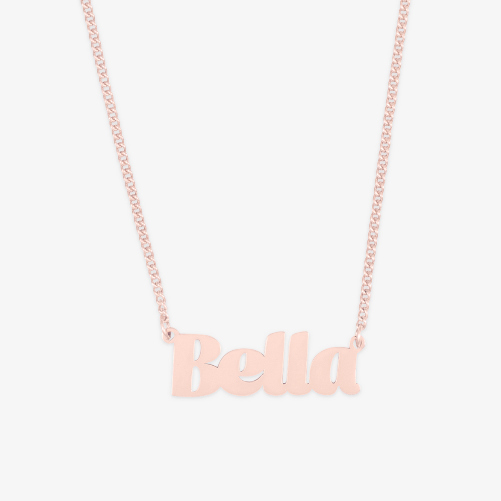 Bold block letter name necklace in rosegold with "Bella" engraved, custom crafted with sturdy block font on a 45cm chain.