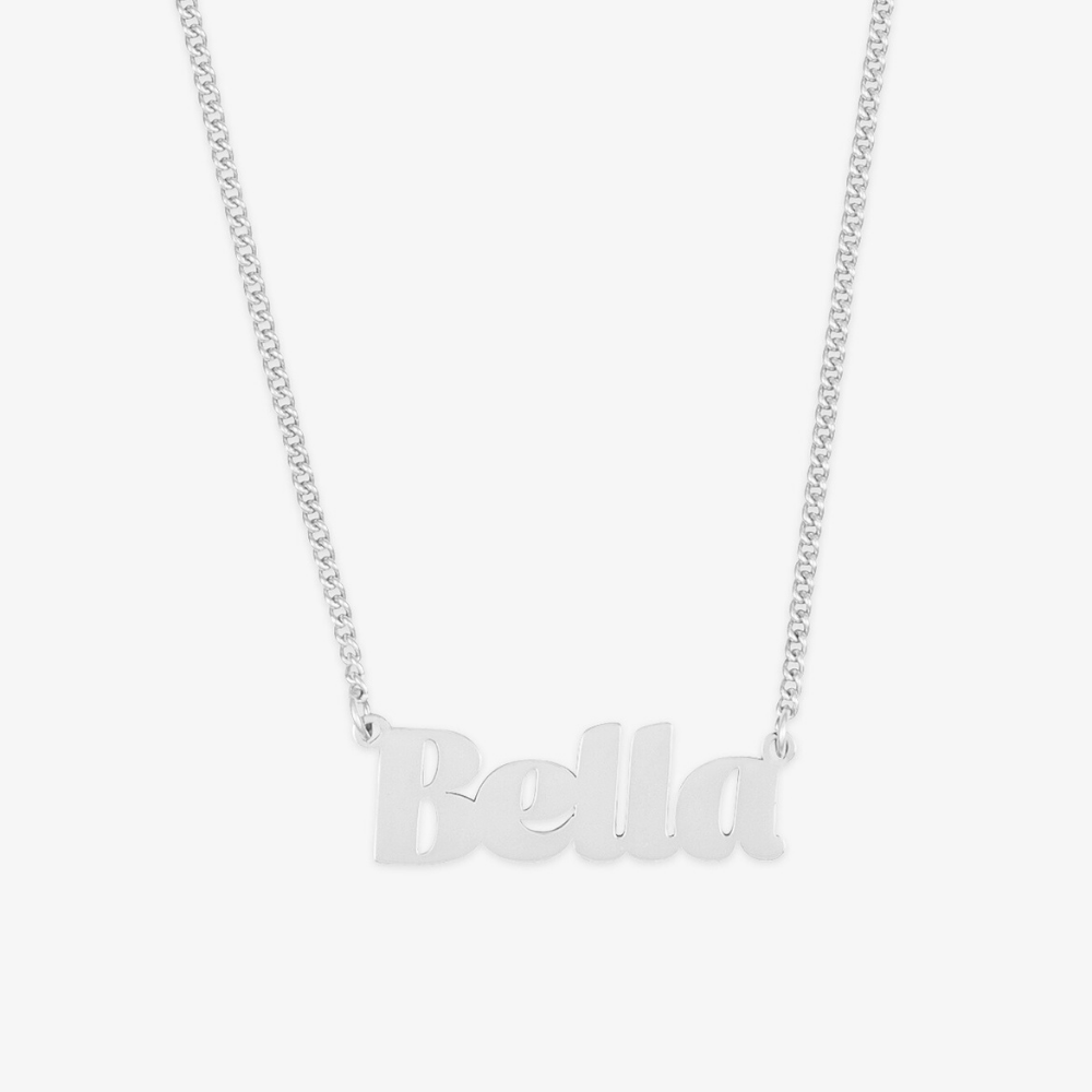 Silver Bold Block Letter Name Necklace with "Bella" in sturdy block font, showcasing unique personalized jewelry style.