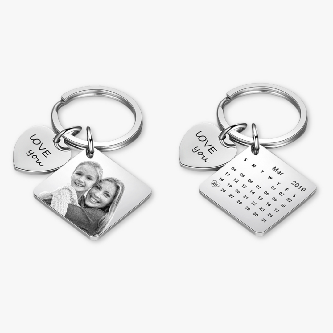 Personalized calendar photo keychain with engraved heart, custom date square pendant keyring, double-sided engraving, black and white photo.