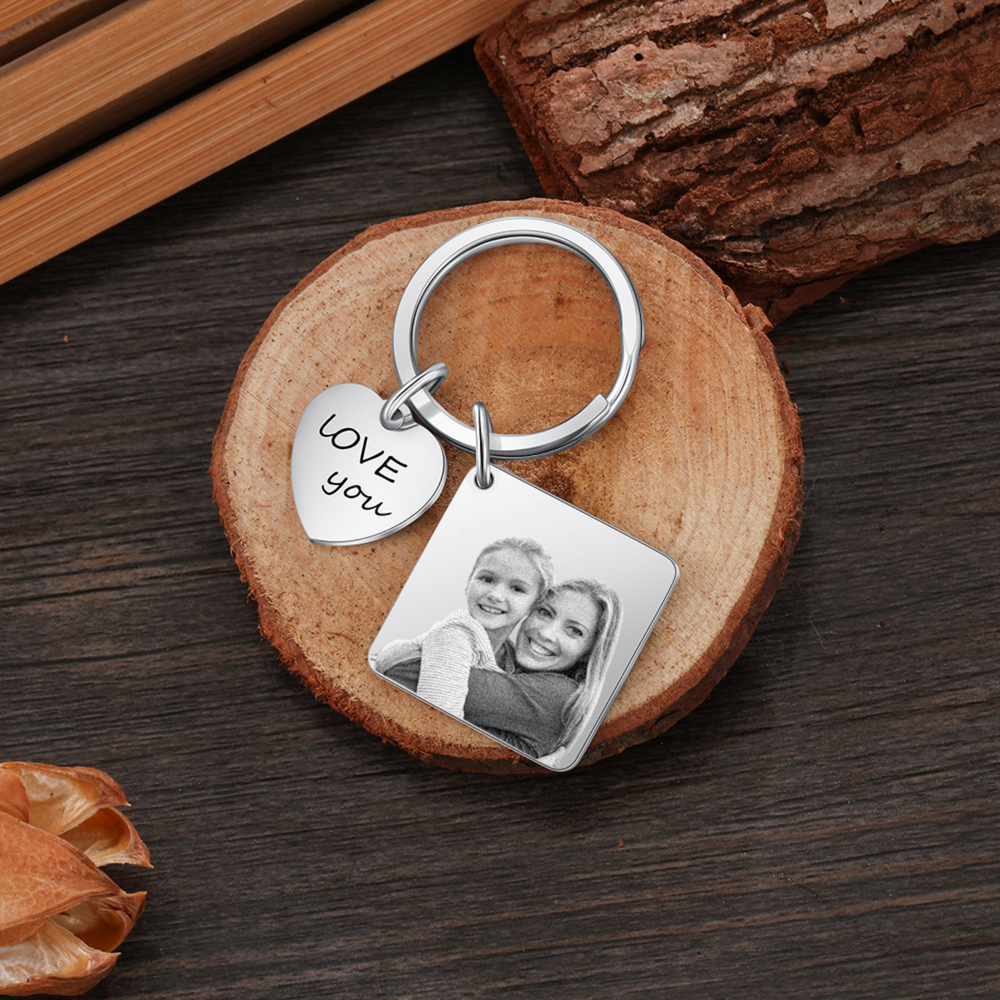 Personalized calendar photo keychain with engraved heart love you and custom date square pendant featuring a treasured photo.