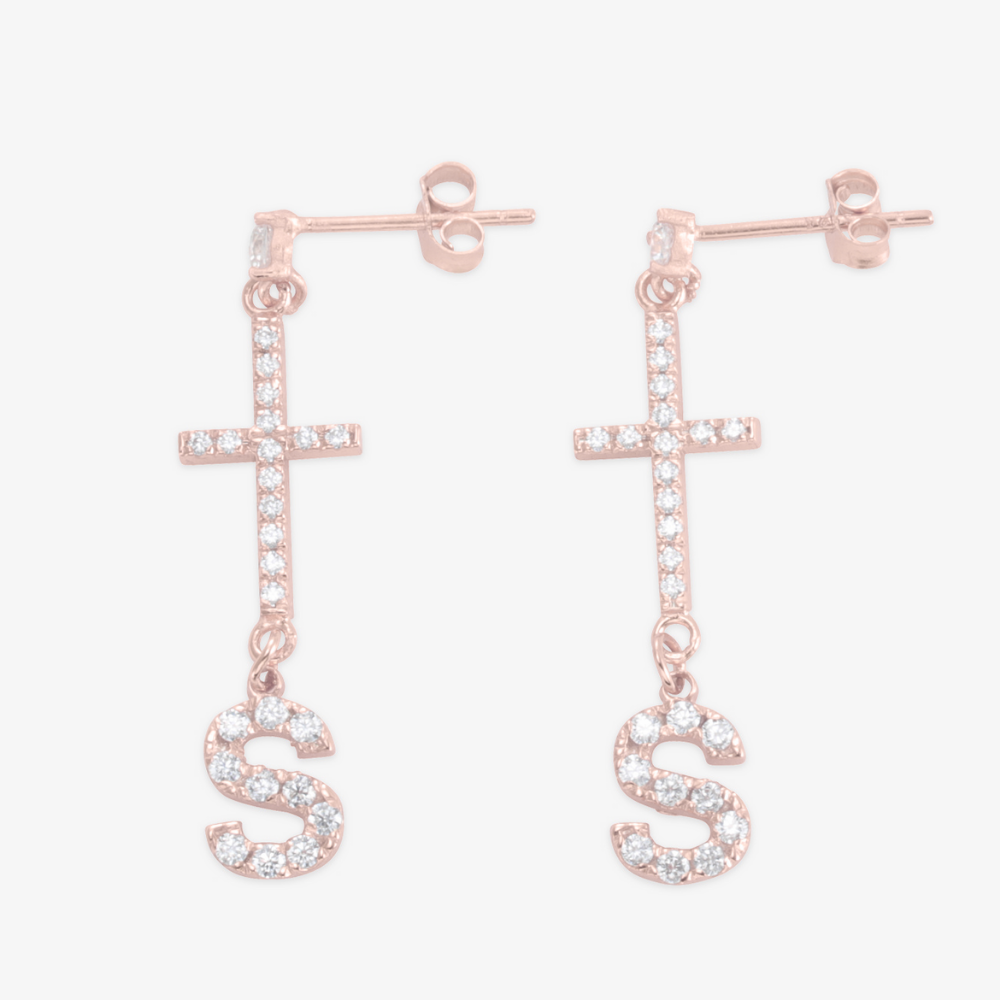 Personalized cross earrings with letter S in rose gold, made from 925 sterling silver, symbolizing faith and individuality.