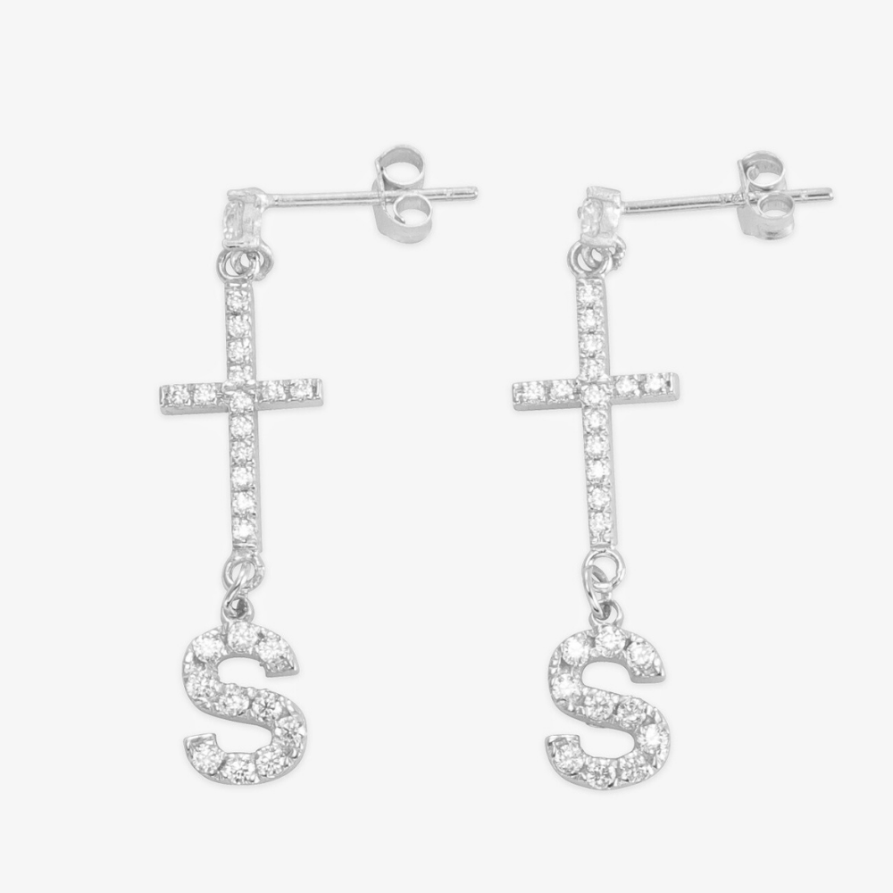 Sterling Silver Personalized Cross Crystal Earrings with Initial "S"