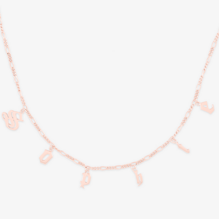 Gothic Initial Figaro Chain Necklace in Rose Gold with Gothic font letters on a vintage-style Figaro chain, elegant and unique jewelry piece