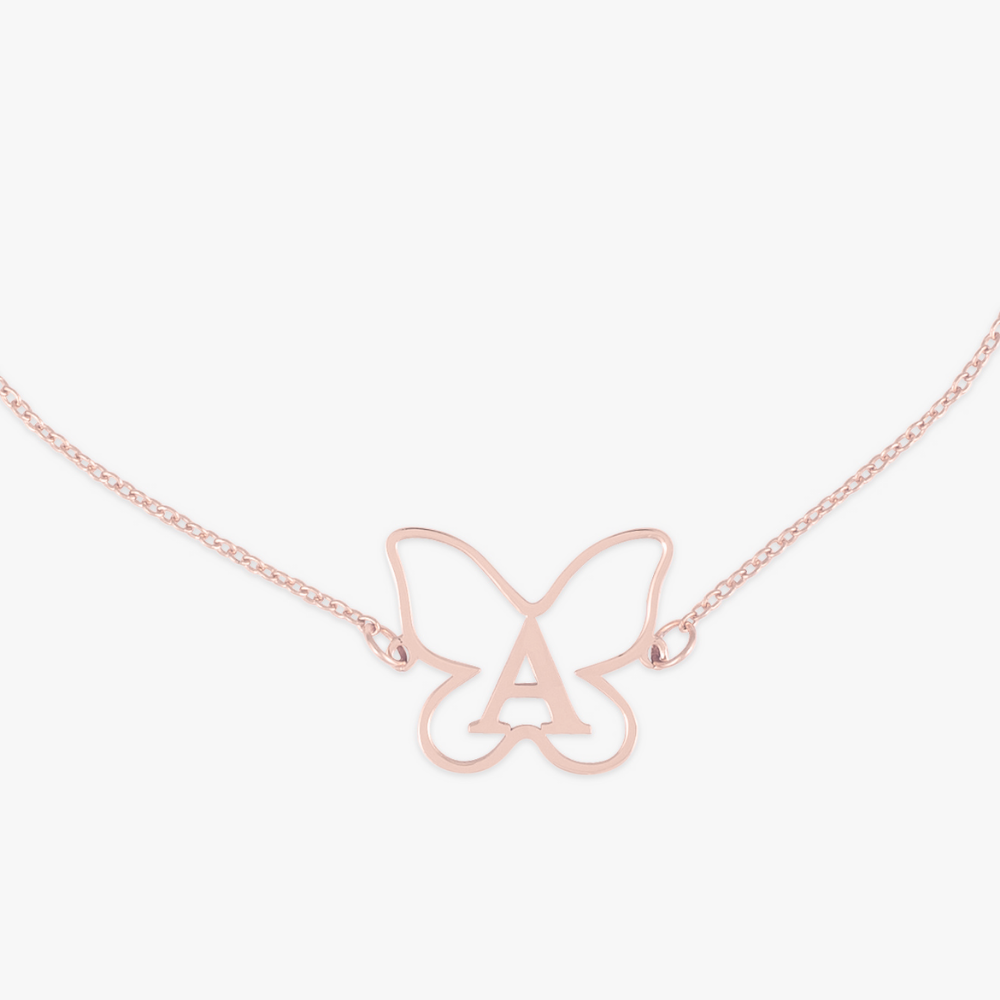 Butterfly initial necklace in high-quality 925 sterling silver with a personalized letter "A" in an open butterfly pendant design.