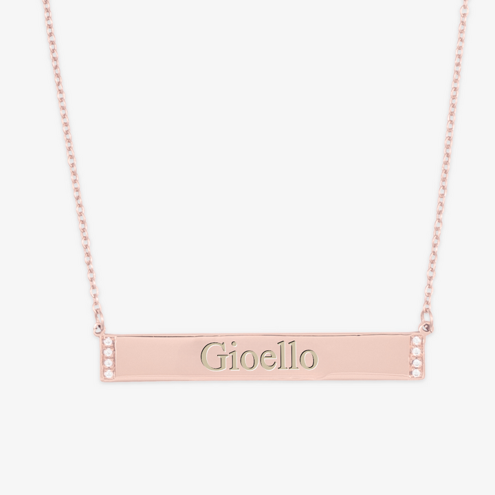 Crystal-Edged Bar Engraved Necklace with Personalized Text on Rectangular Pendant