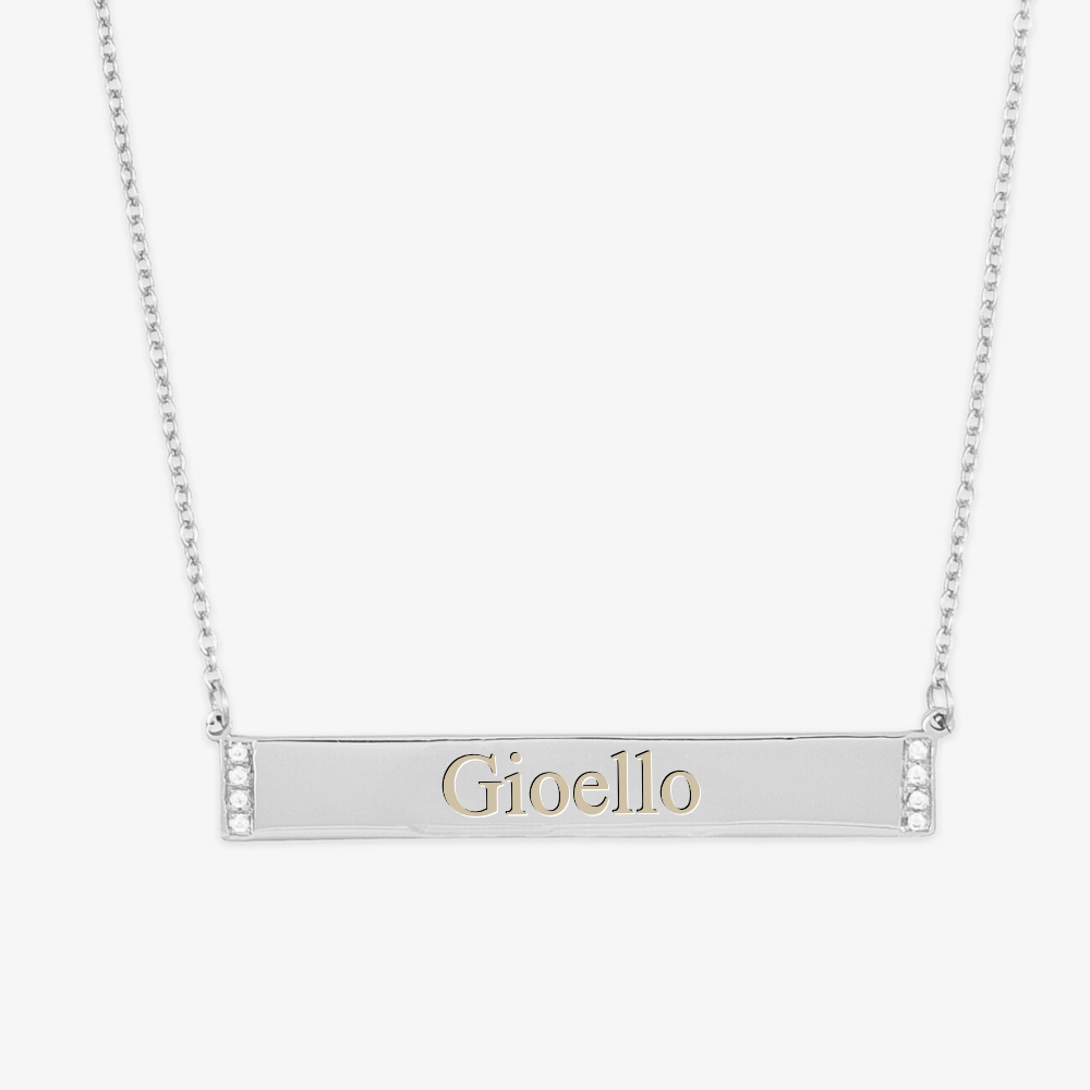 Crystal-edged bar engraved necklace with customizable rectangular pendant and sparkling design.