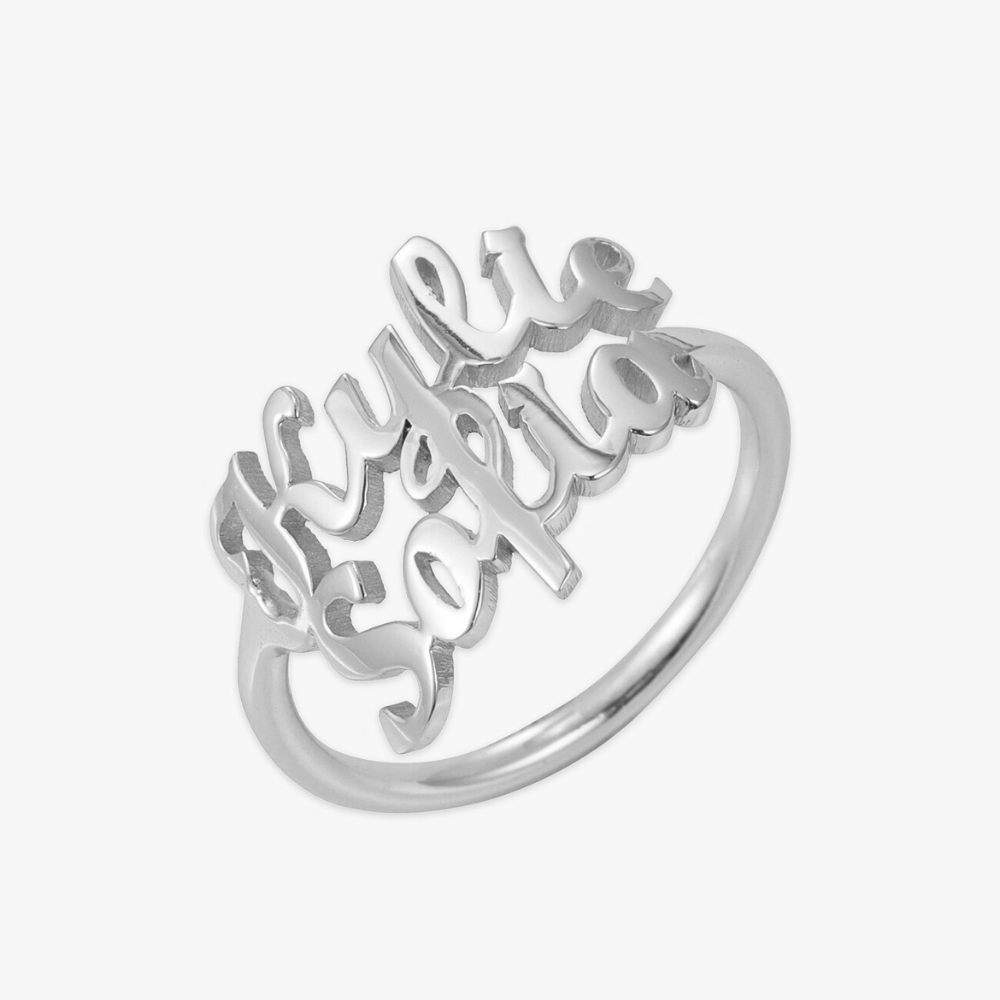 Dual Name Personalized Sterling Silver Ring showcasing "Kylie" and "Sofia" names – symbolizing togetherness and deep connection.