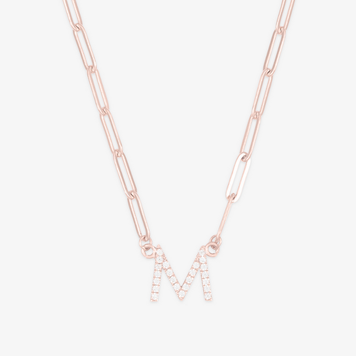 Crystal Linkchain Initial Necklace with sparkling letter M pendant on elegant chain, perfect for personalized statement jewelry.