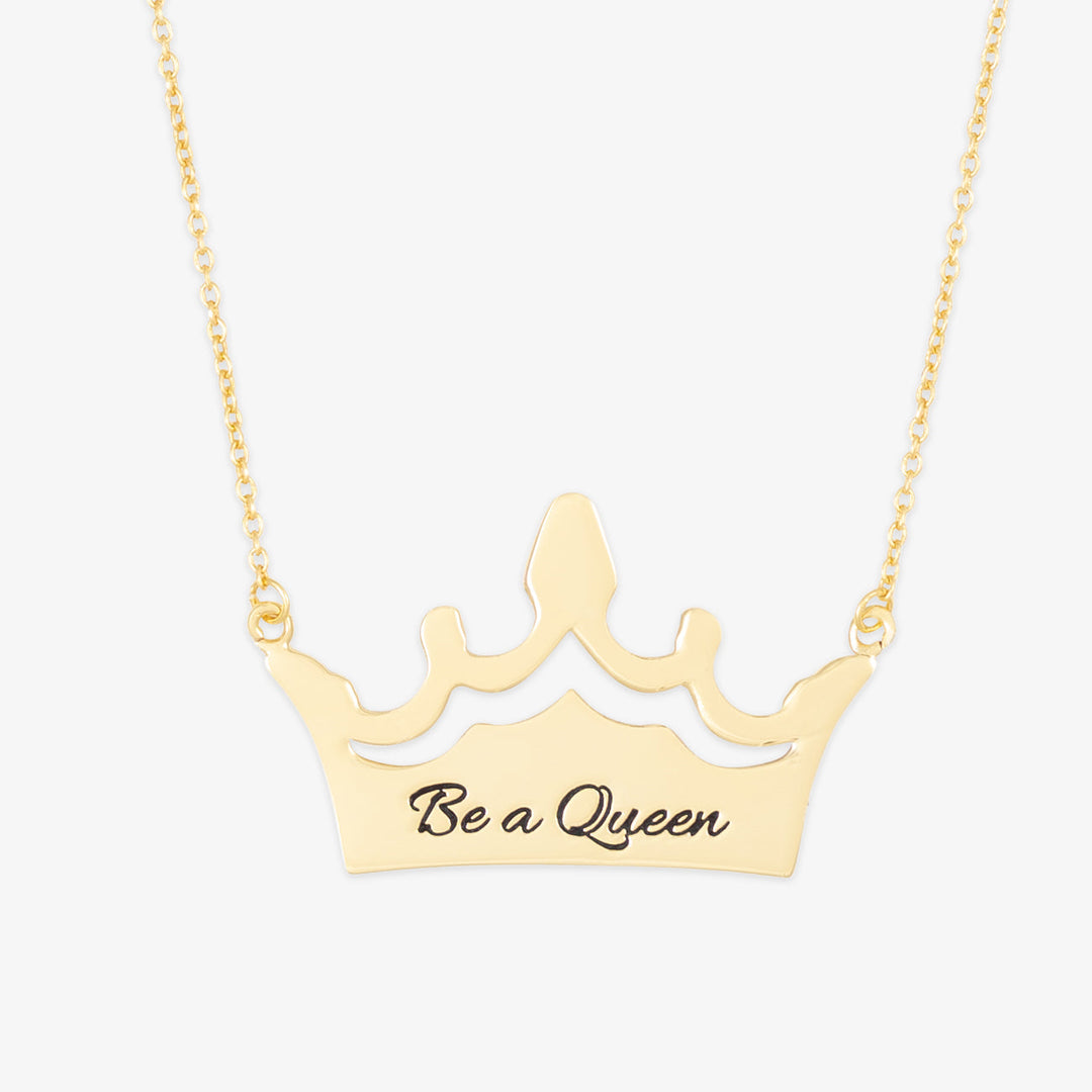 Gold queen necklace with crown engraving "Be a Queen" on 925 sterling silver. Perfect luxurious gift idea. Available in gold, silver, and rose gold.