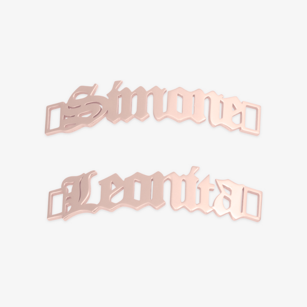 Personalized Sneaker Nameplates with "Simone" and "Leonita" in Rose Gold