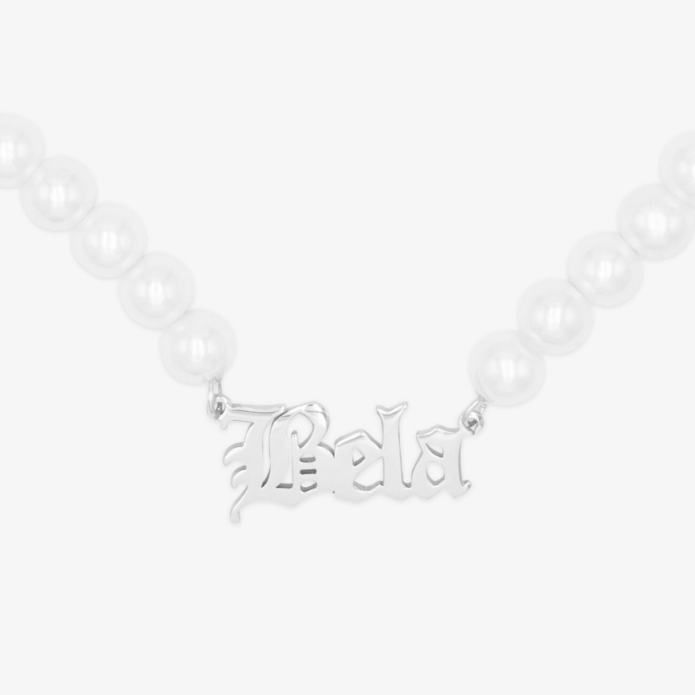 Gothic Pearl Personalized Name Necklace in 925 Sterling Silver with Custom Gothic Font and White Pearl Chain