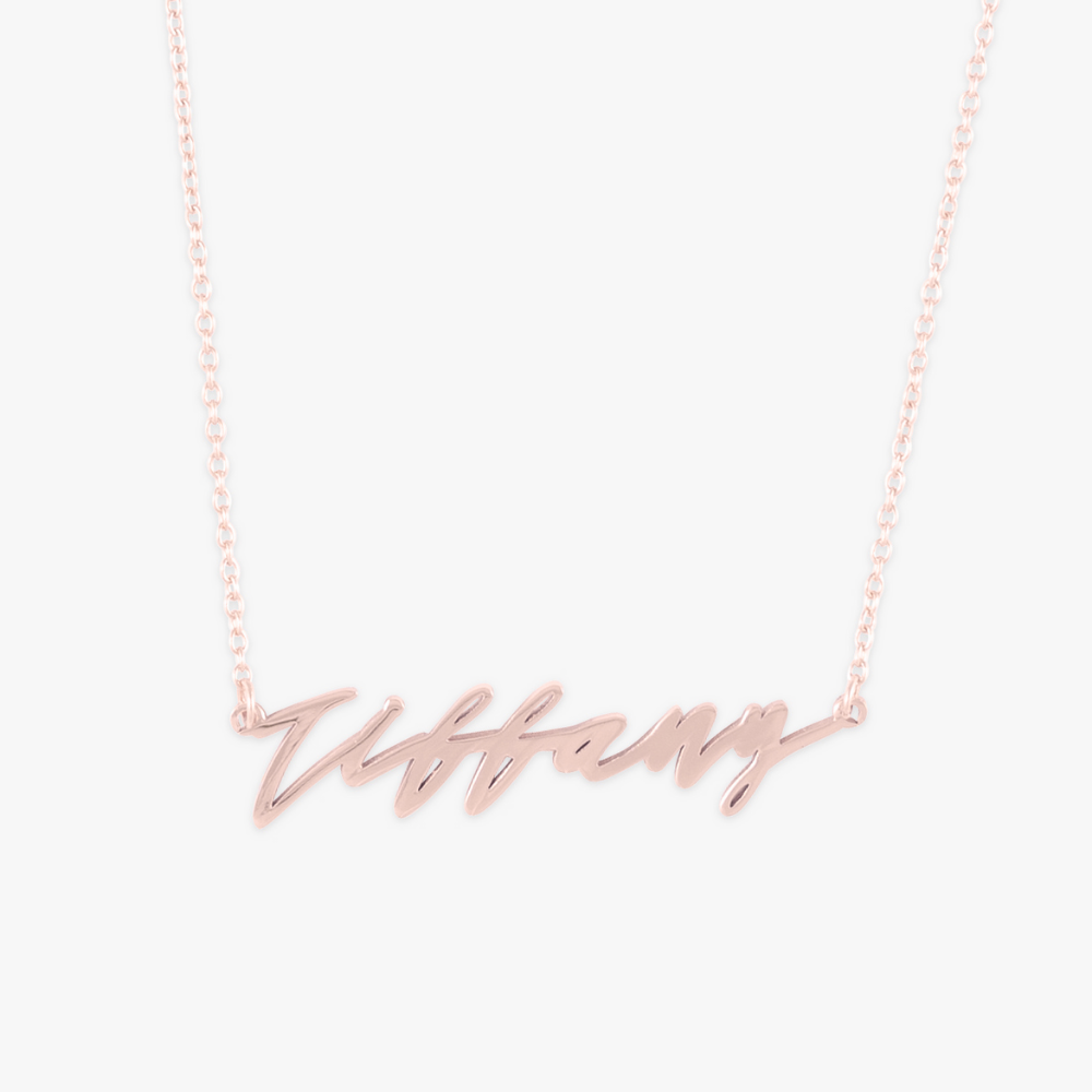 Brooklyn Style 2.0 Name Necklace in Rose Gold Plating with "Tiffany" Name in Elegant Cursive Letters on a Delicate Chain