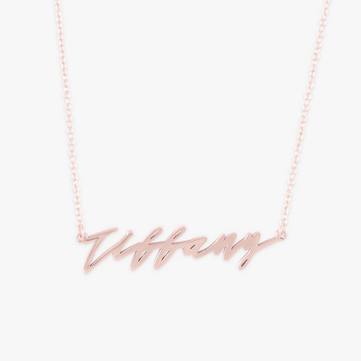 Brooklyn Style 2.0 Name Necklace in Rose Gold Plating with "Tiffany" Name in Elegant Cursive Letters on a Delicate Chain