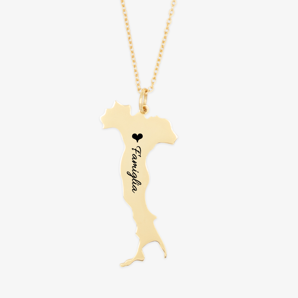 Gold personalized Italy silhouette necklace engraved with "Famiglia" made from 925 Sterling Silver with 18K double plating.