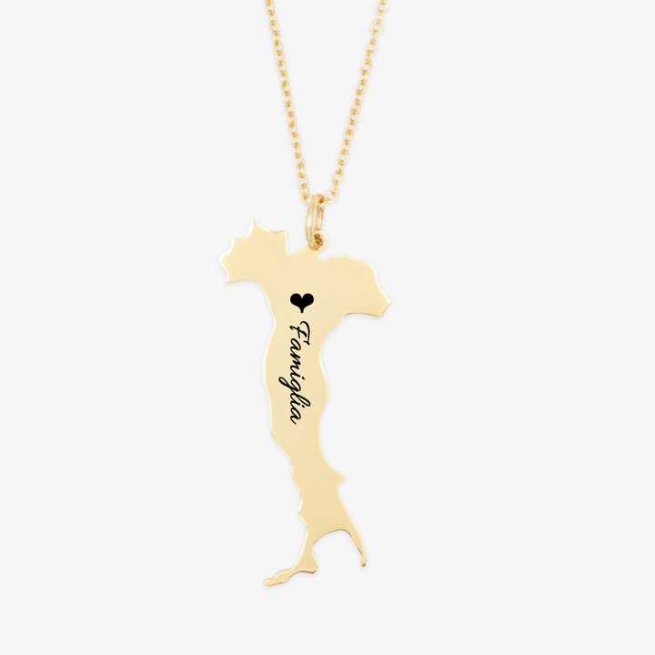 Gold personalized Italy silhouette necklace engraved with "Famiglia" made from 925 Sterling Silver with 18K double plating.