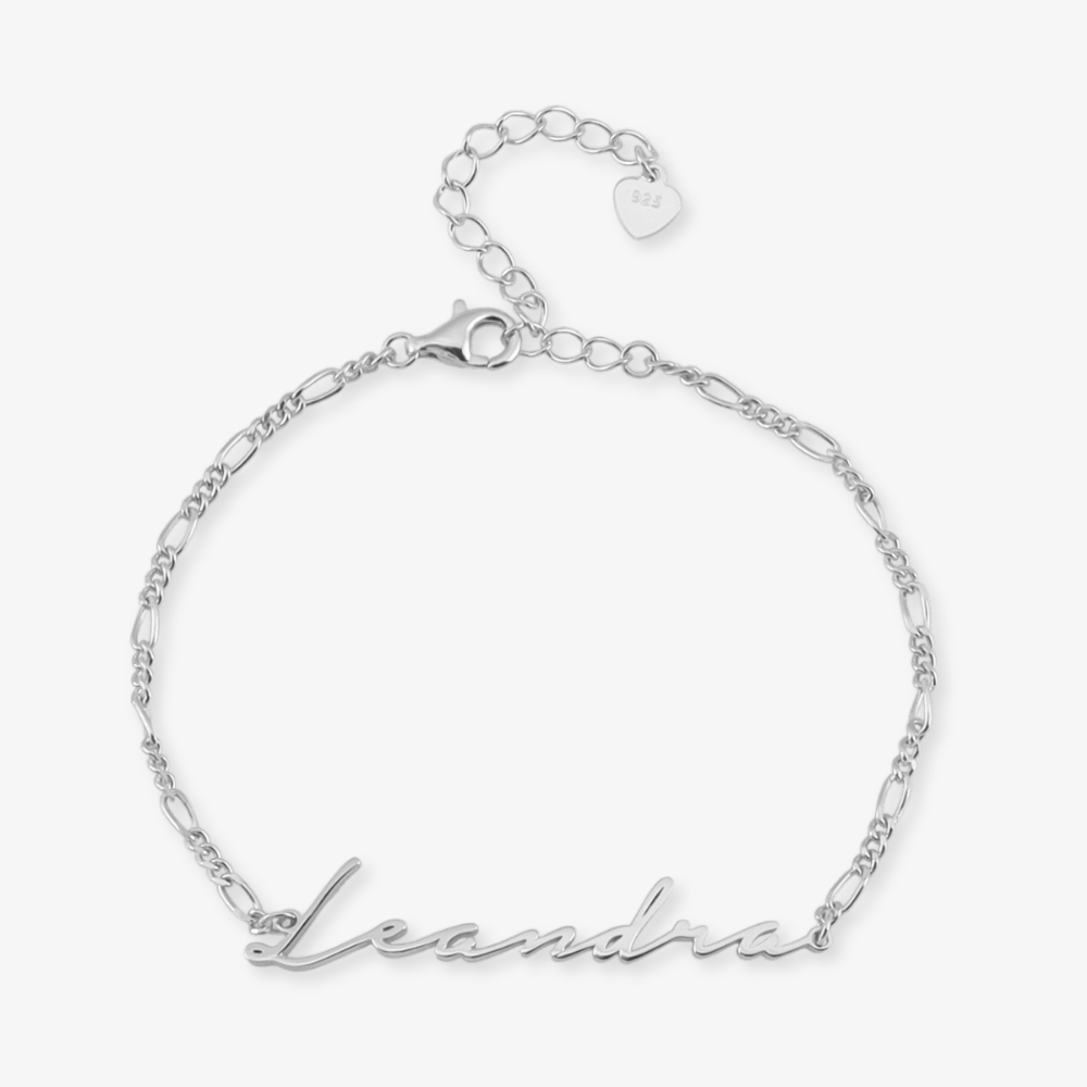 Sterling Silver Figaro Signature Name Bracelet with "Leandra" Customization