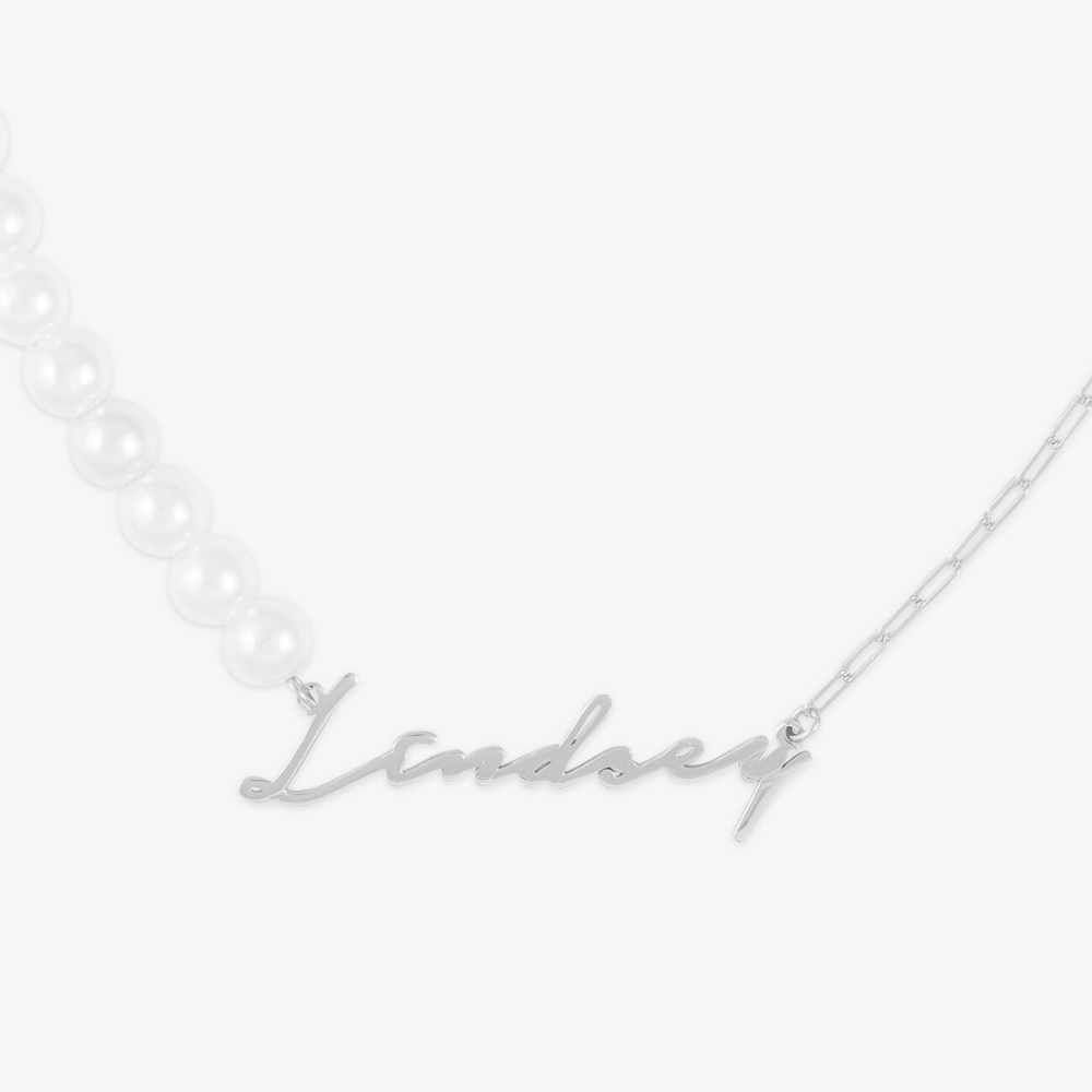 Sterling Silver Signature Name Necklace with Pearl and Link Chain