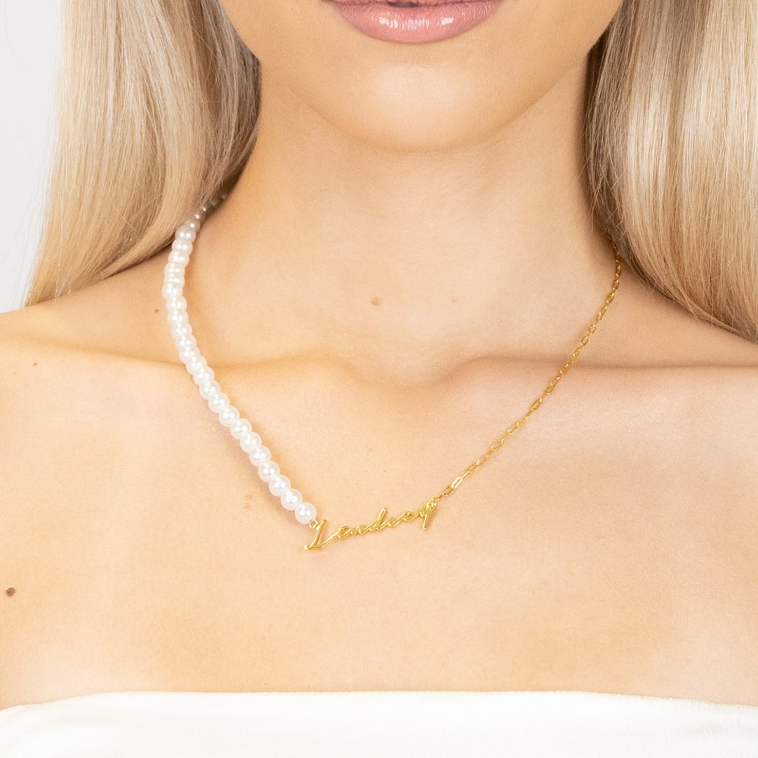 Woman wearing personalized pearl and link chain necklace in 18K gold plating