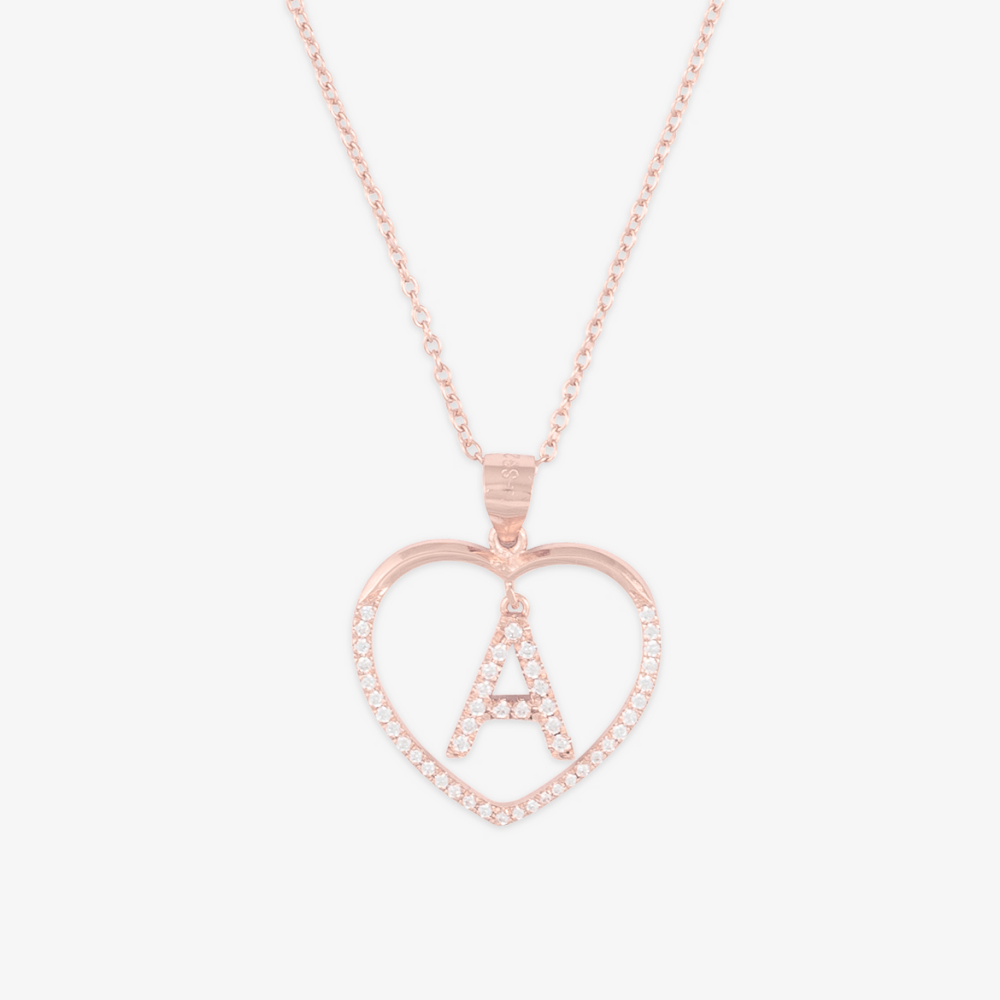 Glistening Rose Gold Heart Pendant Necklace with Cubic Zirconia Crystals and Letter 'A' Customization