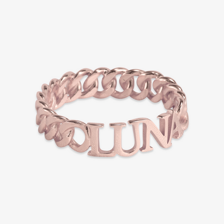 Personalized Rose Gold Curb Chain Ring with Custom Name in 925 Sterling Silver