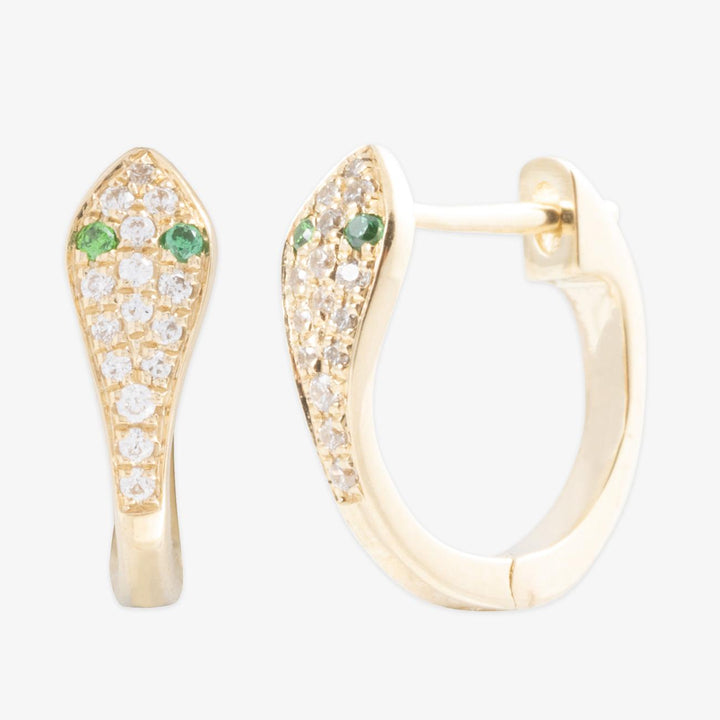 18K solid gold diamond snake earrings with 0.1ct SI H-I diamonds and 0.04ct emeralds, available in white, yellow, and rose gold