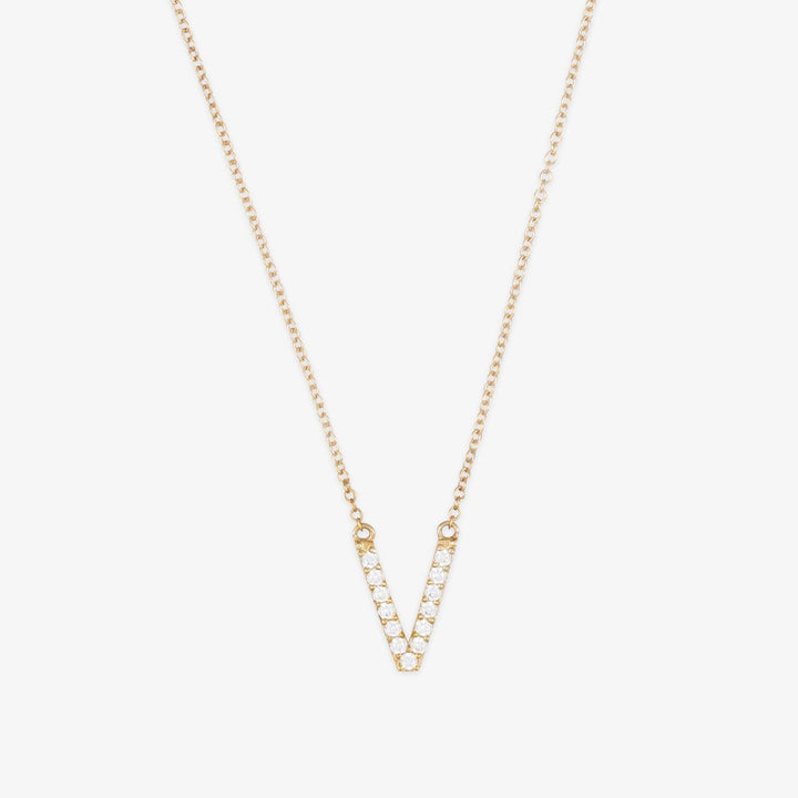 18K solid gold initial necklace with 0.08ct SI H-I diamonds in V shape